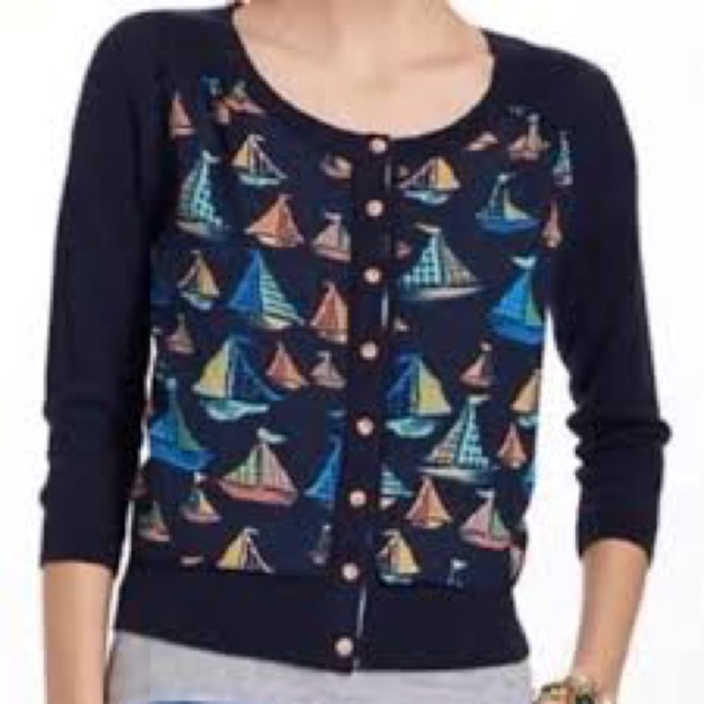 Anthropologie HWR Navy Sailboat Print Button-Up Sweater Cardigan